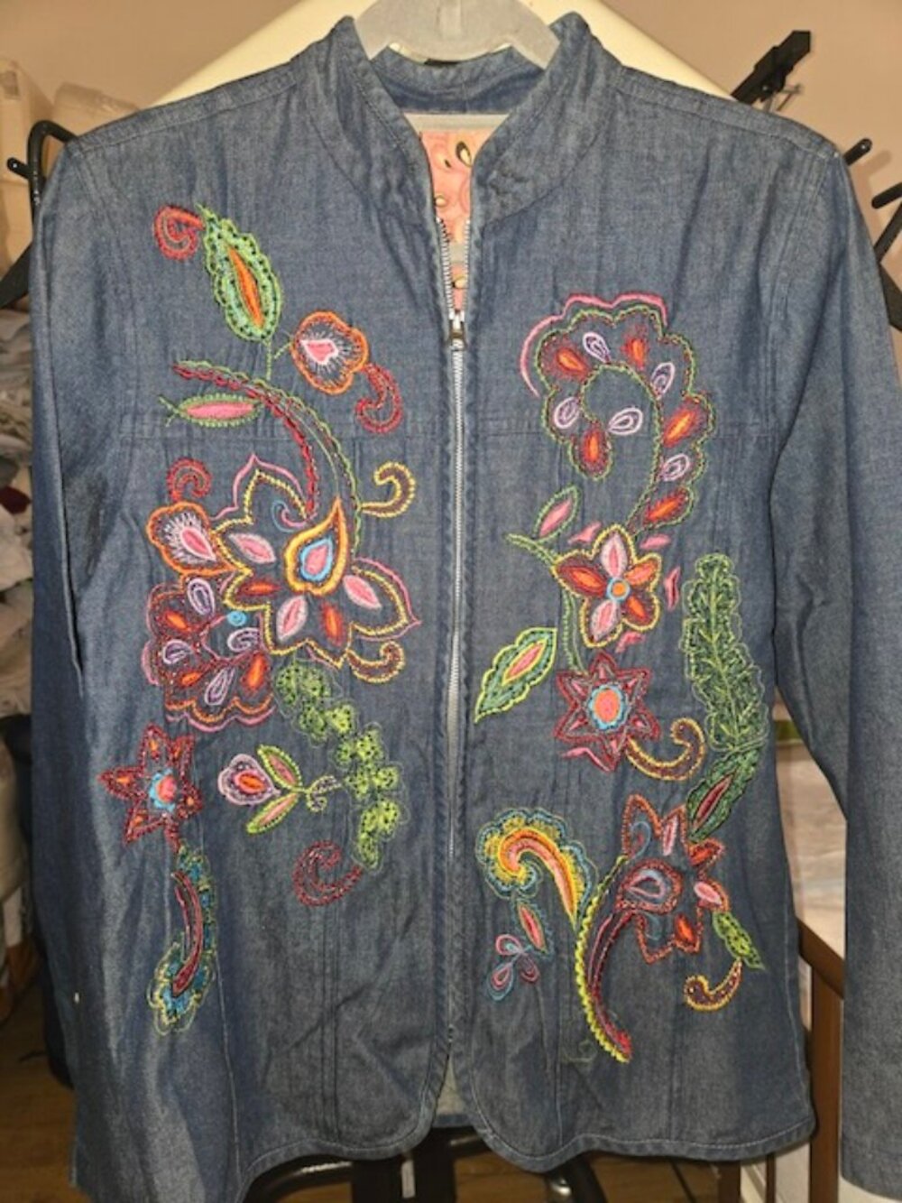 Embroidered Denim Jacket Zip Front multicolored Floral Emb & Beading